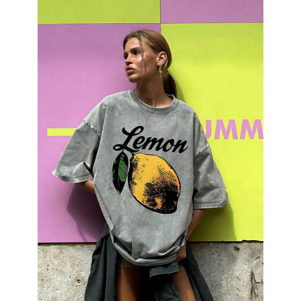Natural Fresh Lemon Fruit Print Women Washed T Shirt Cotton T-Shirts Vintage Loose Short Sleeves Breathable