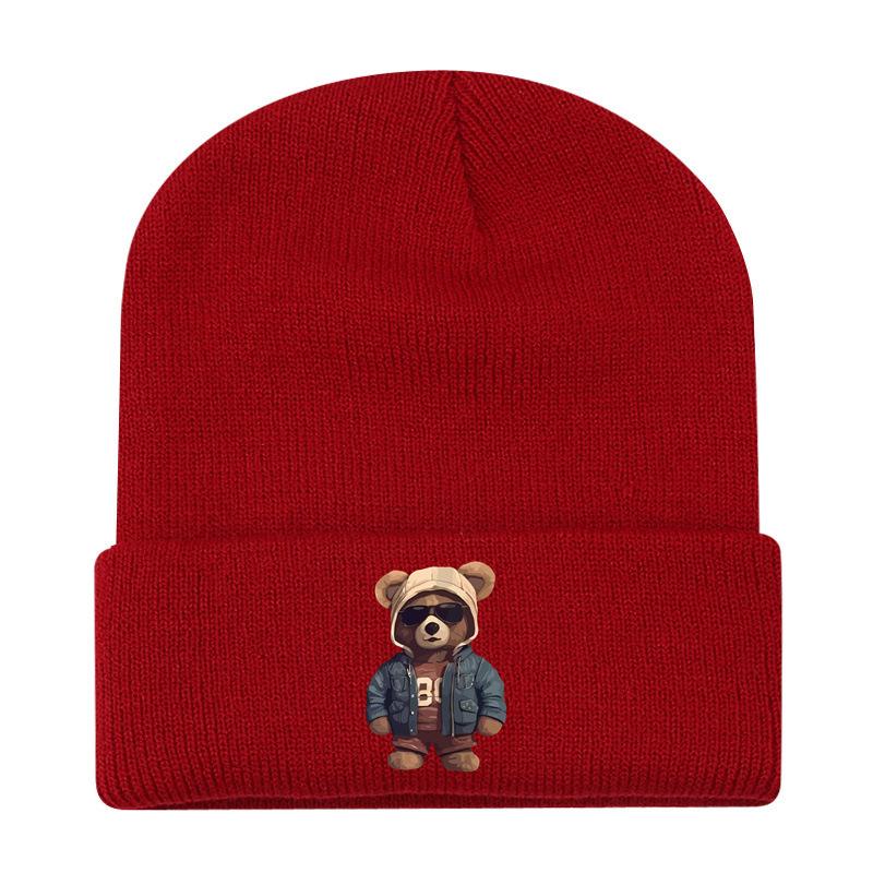 European and American New Autumn and Winter Hats, Women's Bear Printed Knitted Hats, Sleeves, Outdoor Warm Wool Hats, Men