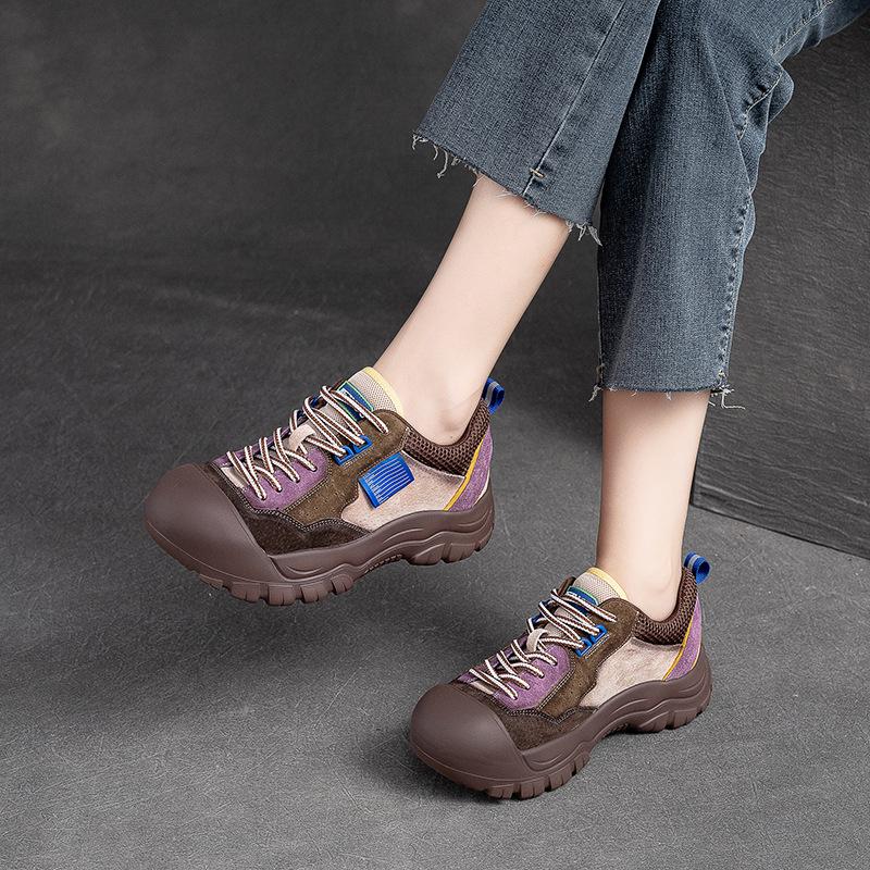 Damen Farblich Abgesetzte Runde Zehenpartie Schnürung Freizeit-Schuhe Retro Sport-Sneaker mit EVA Dicksohle Bequeme Lauf-Flats