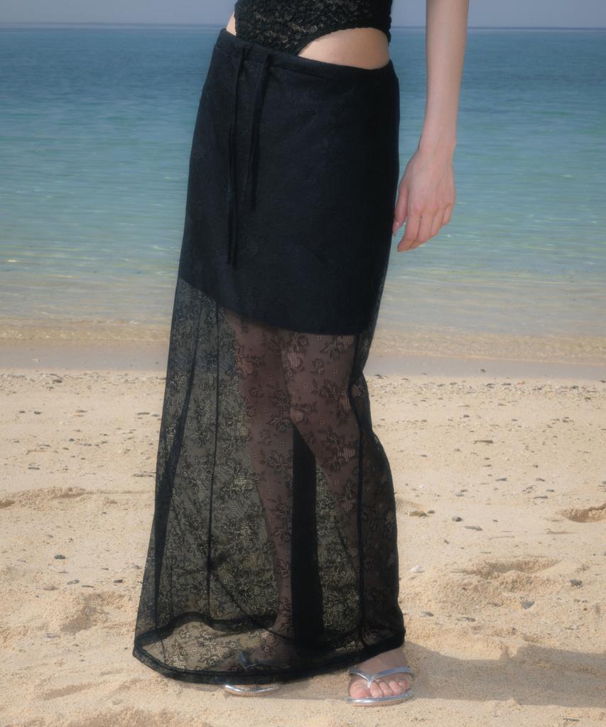 Rose Franz Lace Lowrise Long Skirt [Black]