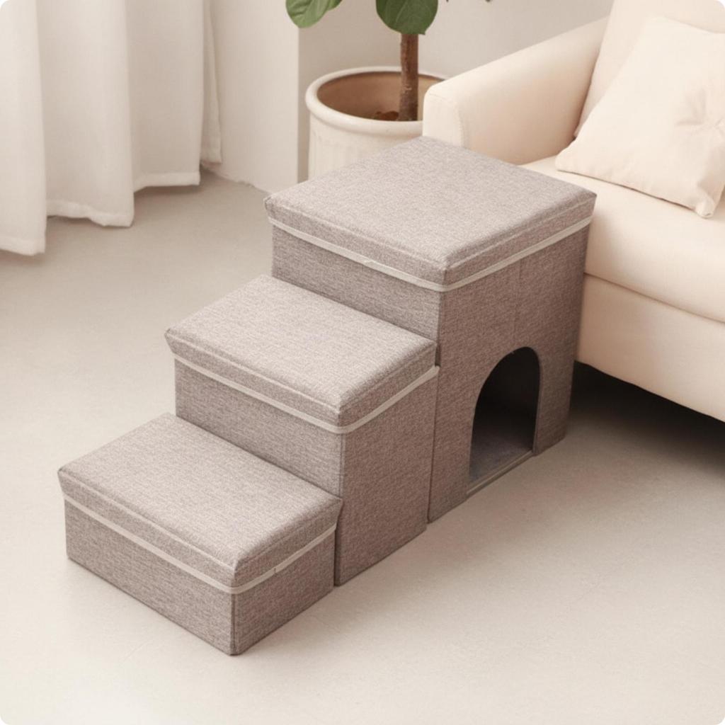 3-Step Pet Stairs Soft Steps with Den Cozy for Sofa, Living Room, Small Dogs