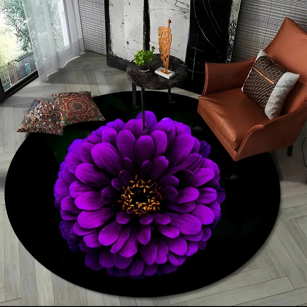 3D Luxusný koberec Flower Rose Daisy Nordic Okrúhly koberec do obývačky Spálňa Dekor stoličky do detskej herne, Protišmyková podložka pre domáce zvieratá