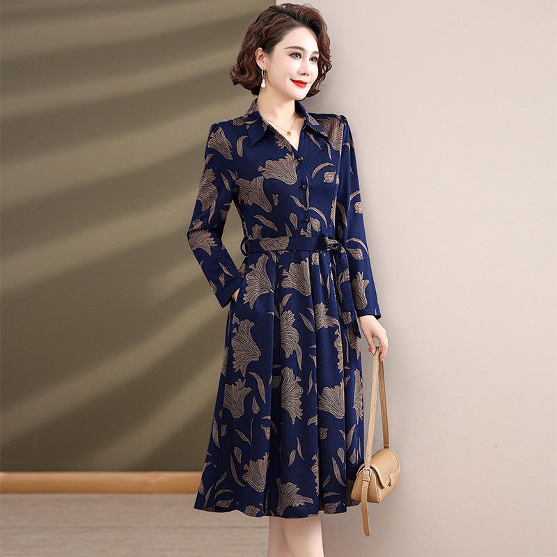 

Chic V-Neck Floral Midi Dress with Long Sleeves for Middle-Aged Women 3XL темно-синий