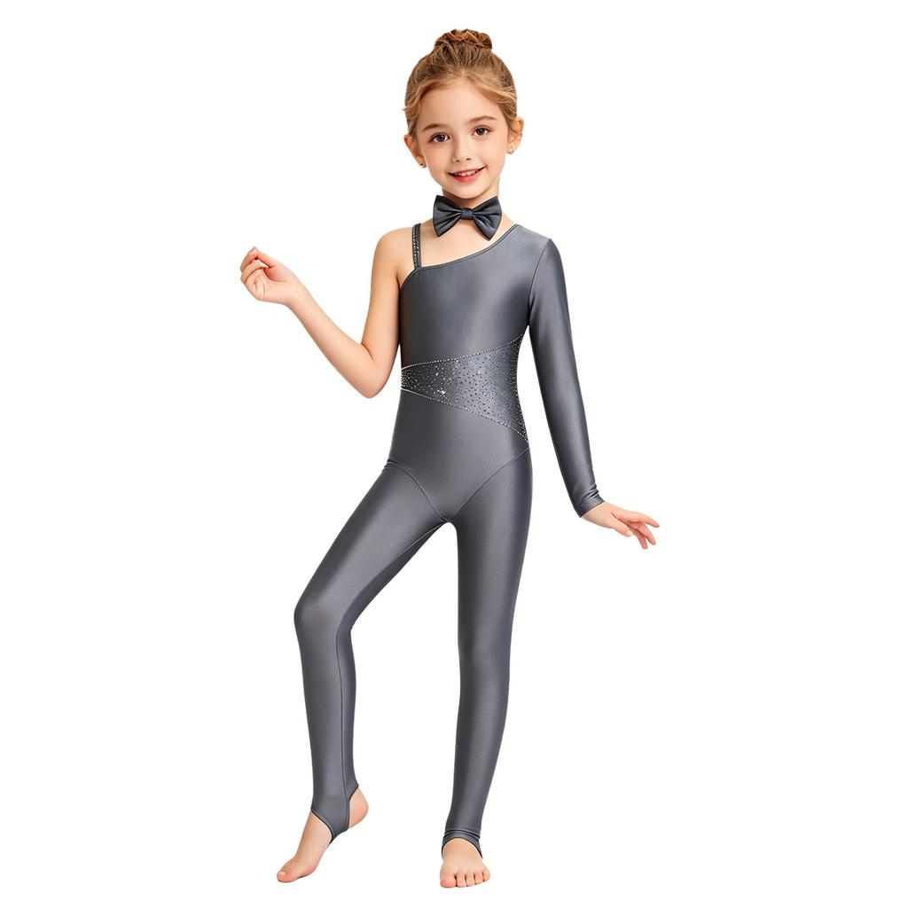 Girls Cat Cosplay Leotard Jumpsuit Sparkly Rhinestones Asymmetrical Sleeves with Tail Long Pants and Bowtie for Halloween Costume Party