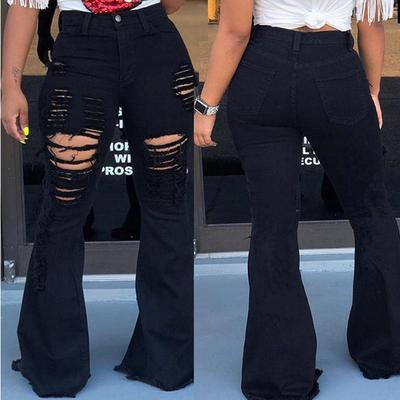 Mode Frauen Button Ripped Zipper Flares Hosen Jeans Loch Casual Denim Hosen