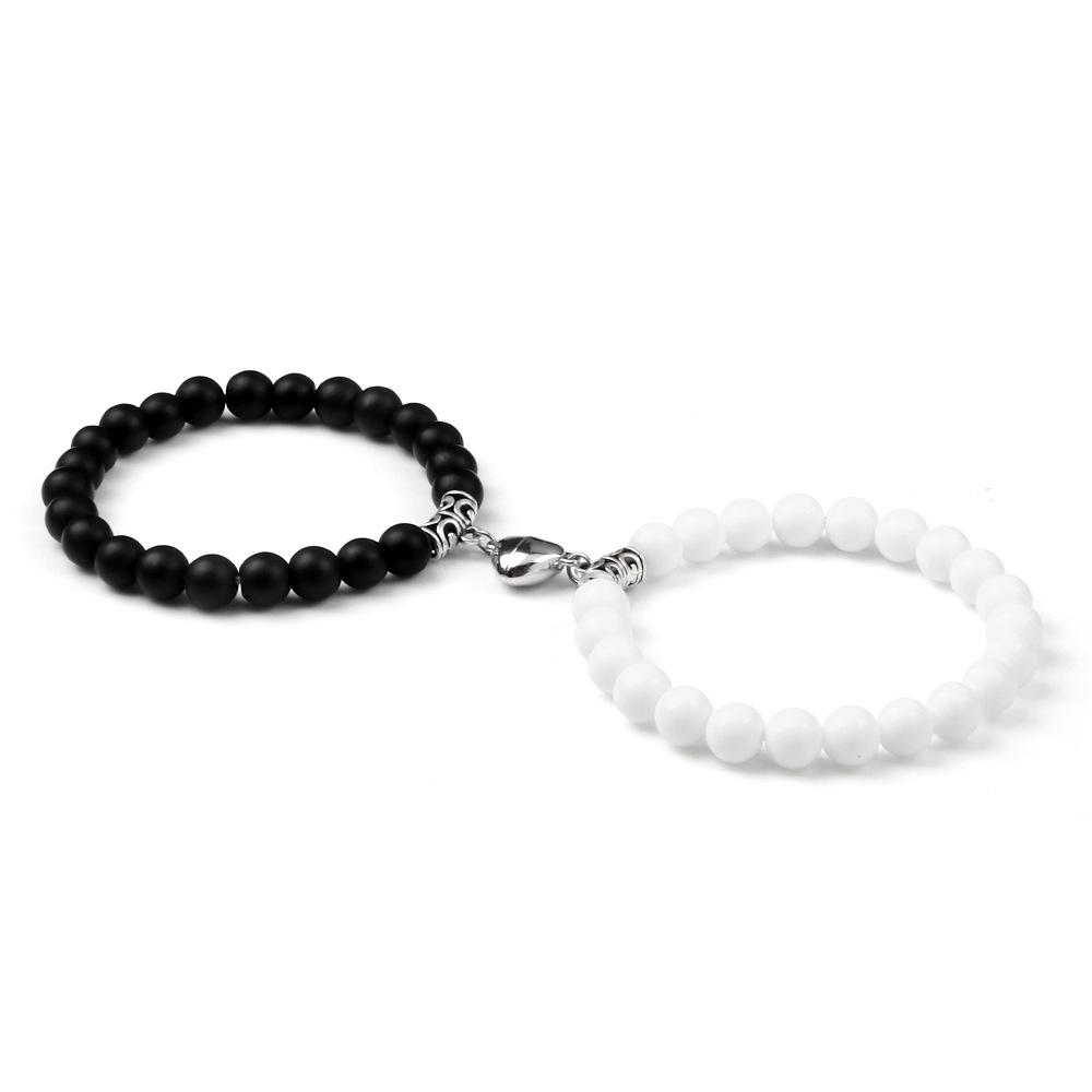 Black and White Heart Magnetic Clasp Couple & Friendship Yoga Bracelet: 8mm Beaded Rope