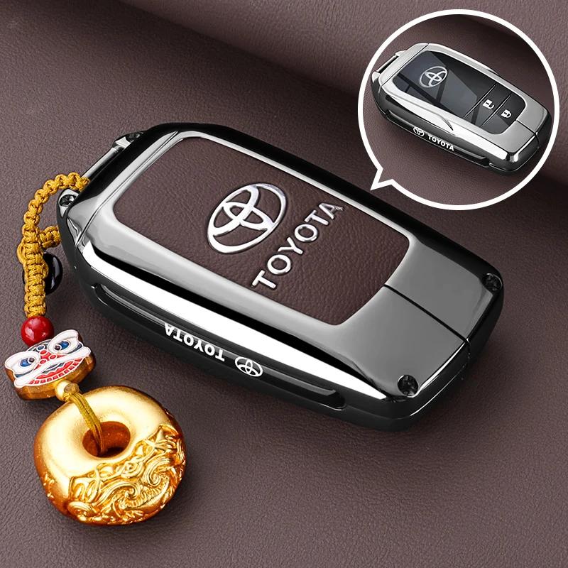 QHJS9 Zinc Alloy Leather Car Key Case Cover Shell for Toyota CHR Hilux Fortuner Land Cruiser 200 Camry Corolla Crown RAV4 Highland
