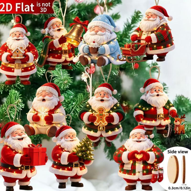 2D Flat Wooden Santa Claus Hanging Ornaments 10Pcs Cute Xmas Pendant for Christmas Wreath Tree Home Decor