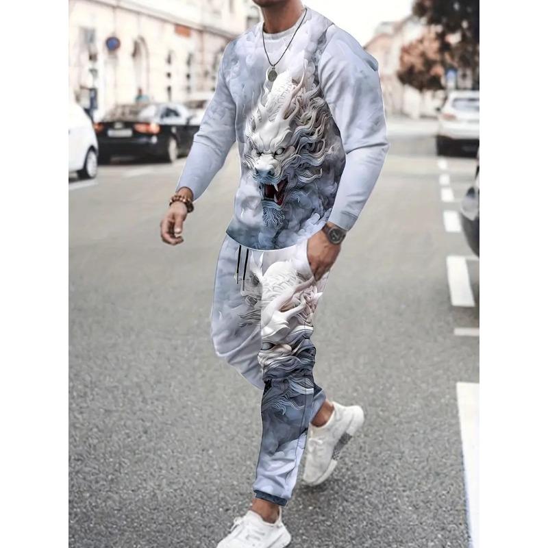 Spring And Fall Men's Long Sleeve Pant 2pcs Sets Dragon Striped Animal Print Man Set Everyday Fashion Men Long Sleeved Tshirt