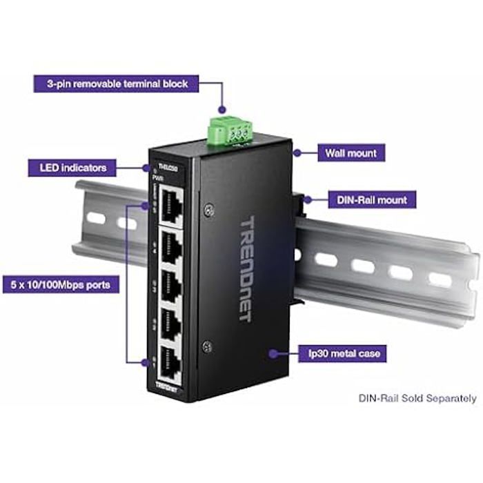 Mini commutateur industriel - TRENDnet - TI-ELC50 - 5 ports 10/100 Mbps - Boîtier IP30 - Rail DIN