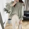Women Shirt Round Neck Lantern Long Sleeve Pullover Tops Solid Color Loose Fit Ruffle Trim Pleated