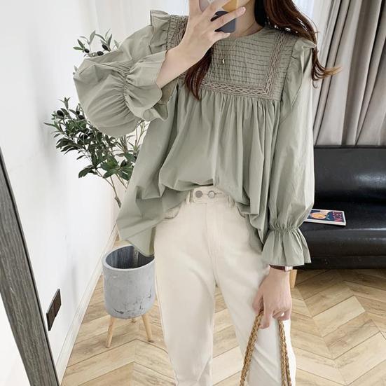 Women Shirt Round Neck Lantern Long Sleeve Pullover Tops Solid Color Loose Fit Ruffle Trim Pleated