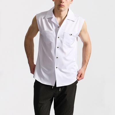 New Summer Men's Sleeveless Shirt Solid Color Pocket Single Breasted Nightclub Shirts Male Streetwear