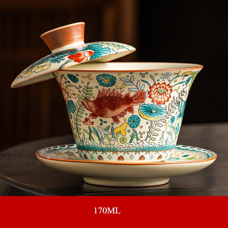 

1 pcs Ru kiln opened tea cup Hovering heat-resistant household ceramic lid bowl Tea cup Rotating tea bowl with lid 170ml