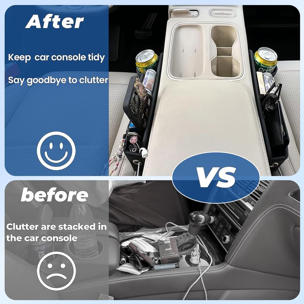 2-Pack Car Seat Gap Filler Organizer With Cup Holder - Premium Leather - Universal Fit - Keeps Cans/Phone/Keys/Wallets Organized(Black)