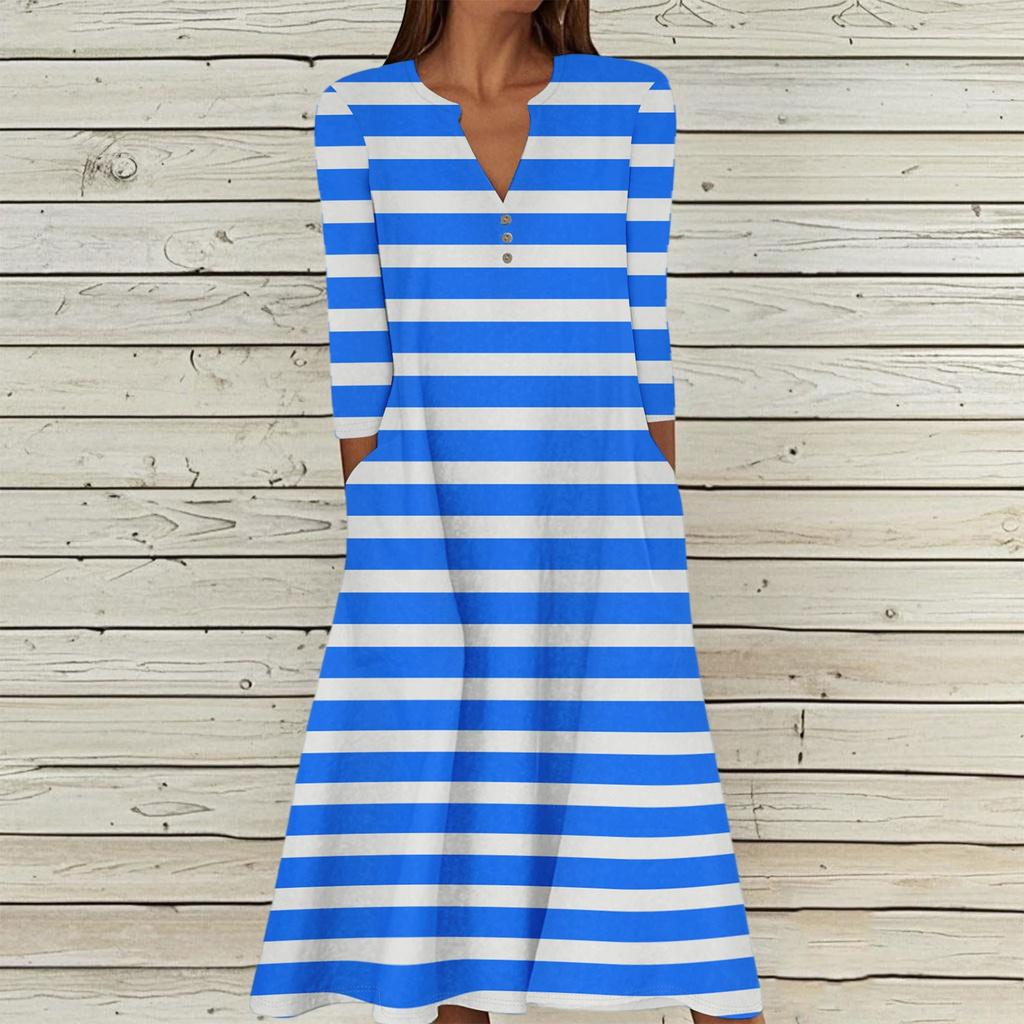 Women's Summer Casual V-Neck Button Vintage Floral Print Three-quarter Sleeve Long Dress With Pockets