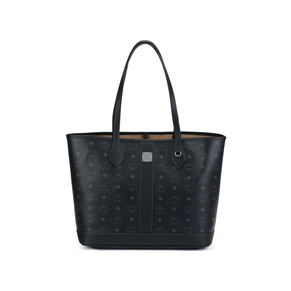 MCM Liz Visetos Top Leather Handle Logo Brass Nameplate Detachable Visetos Classic Pattern Clutch Bag Women Clutch Bag Black MWPGSLR02BK001