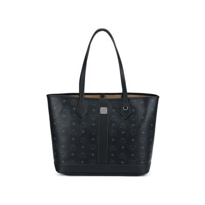 MCM Liz Visetos Borsa a Mano in Pelle con Manico Logo Targhetta in Ottone Pattern Classico Visetos Staccabile Borsa a Pochette da Donna Nera MWPGSLR02BK001