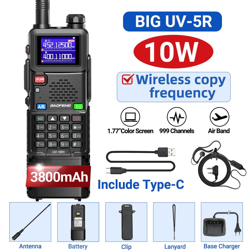 Baofeng UV-5RH 10W Air Band Walkie Talkie 3800mAh Wireless Copy Frequency Full Band NOAA Type-C Long Range Radio Upgraded UV-5R