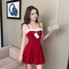 New Christmas Party Bunny Hairy Collar Off-the-Shoulder Bow Red Slim Suspender Dress