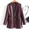 Womens V-Neck Mid-Length Leather Blazer Coat With Waist Tie Slim Fit Jacket Fashion