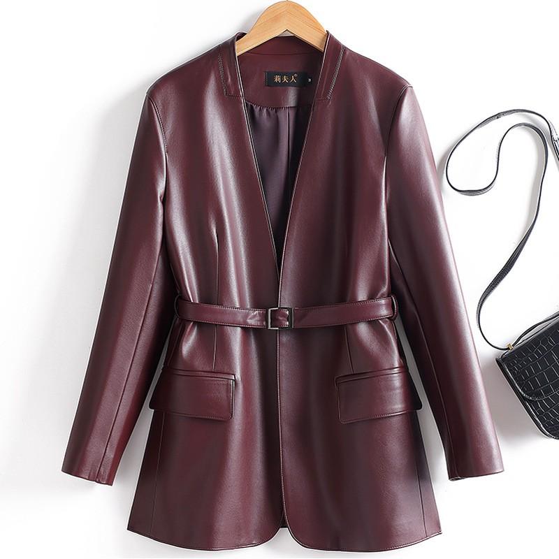 Womens V-Neck Mid-Length Leather Blazer Coat With Waist Tie Slim Fit Jacket Fashion