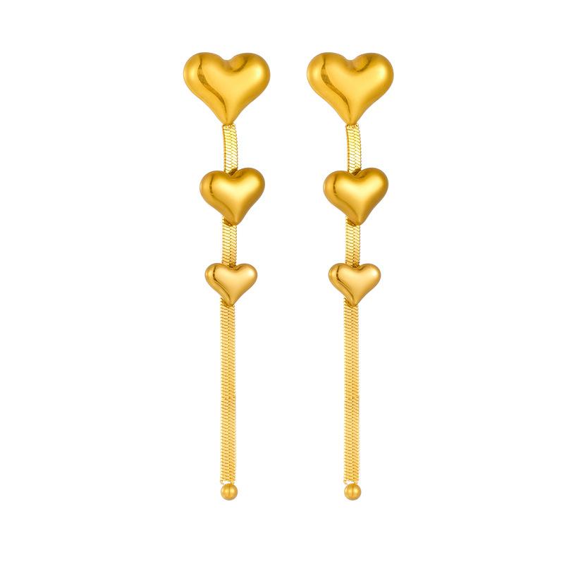 Gold Triple Heart Snake Chain Drop Earrings