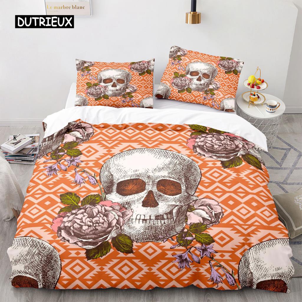 Povlak na přikrývku Sugar Skull King Mikrovlákno Růžový Ložní Set Květinová Lebka Povlak na Přikrývku Černá Červená Oranžová Kostra Jednolůžkový Povlak na Prošívanou Přikrývku
