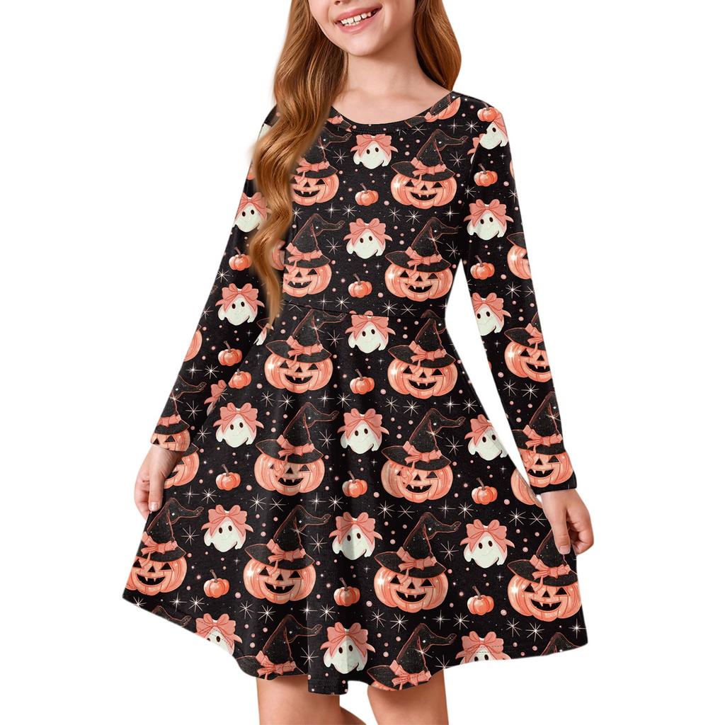 Girls' Summer Princess Dress Halloween Day- Long Sleeve A-Line T-Shirt Dress