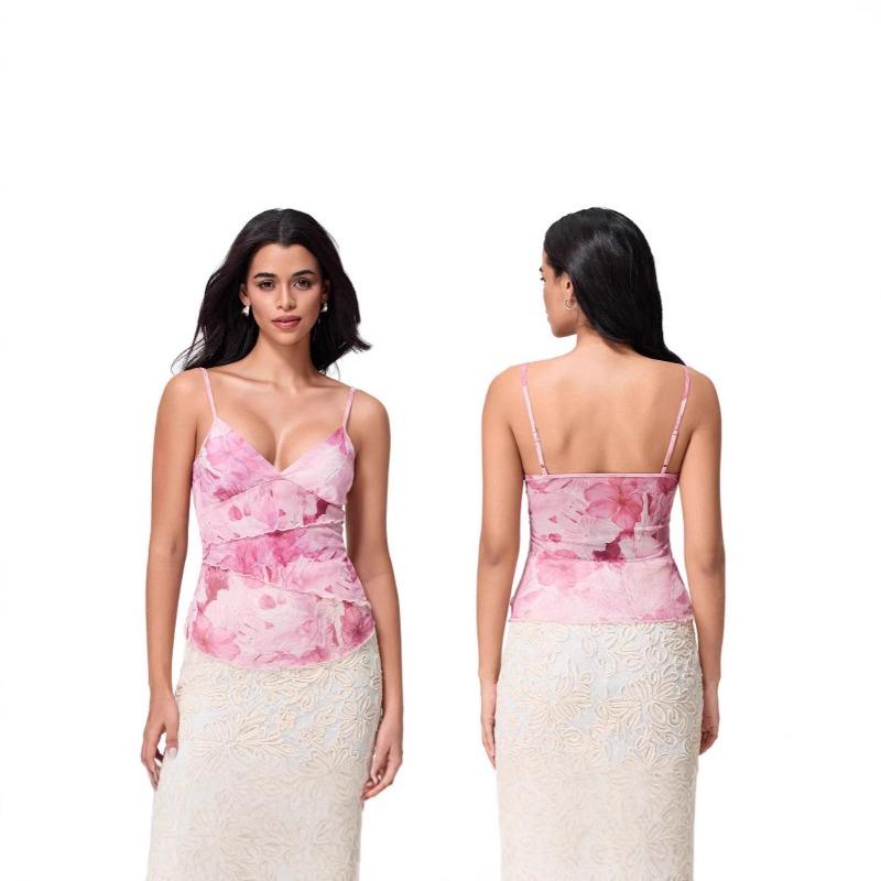 Women's New Printed Camisole Lace Waist Cinching Tank Top