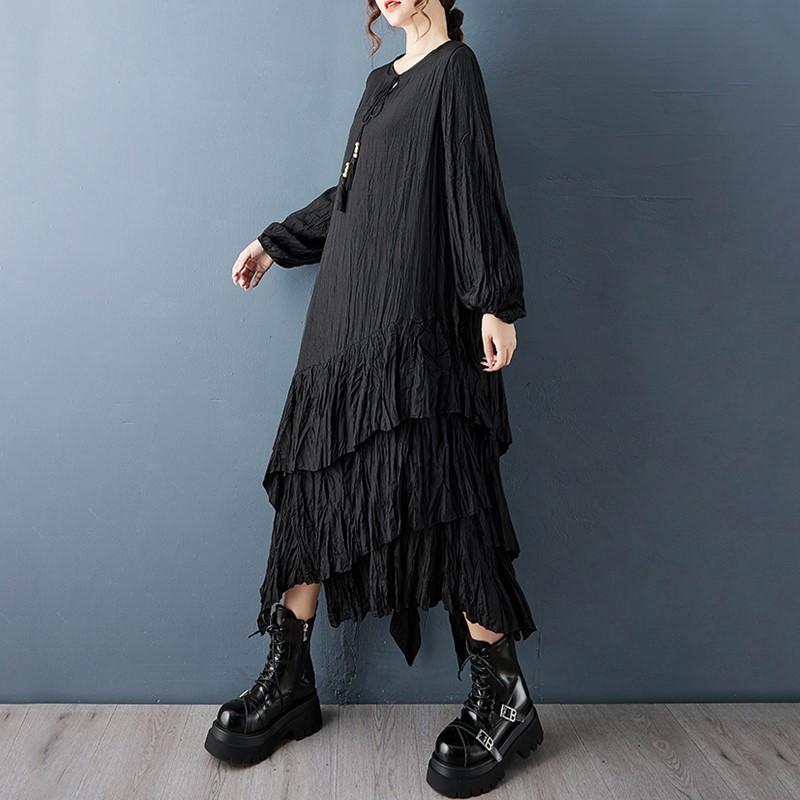 Long Sleeve Plus Size Black Vintage Pleated New In Dresses for Women Spring Autumn Casual Loose Dress