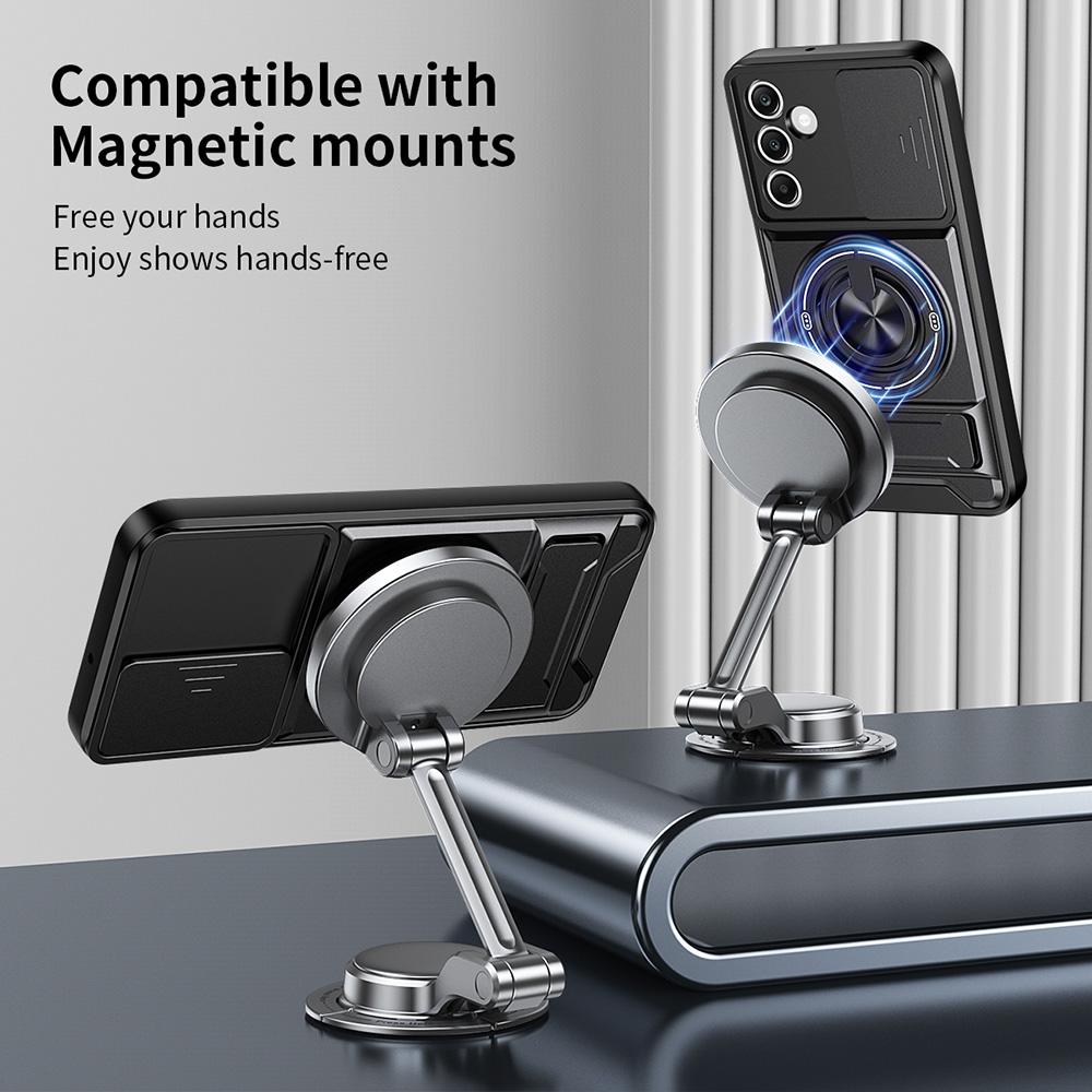 For Samsung Galaxy A25 5G (Global) (161mm) Magnetic Case Ring Holder Foldable Kickstand TPU PC Phone Cover with Camera Lens Slider