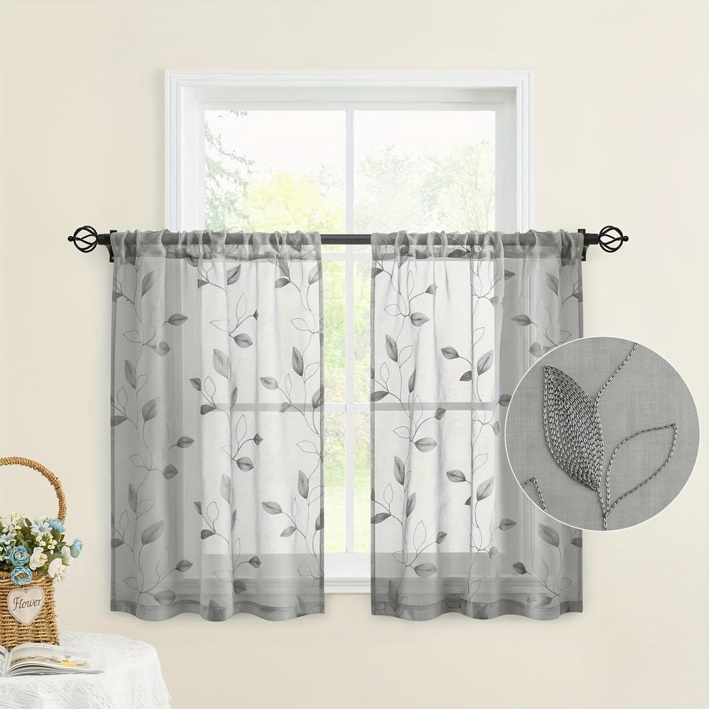 1pc Garden Style Embroidered Leaf Pattern Sheer Curtains, Rod Pocket Polyester Drapes for Bedroom, Living Room, Kitchen - Machine Washable