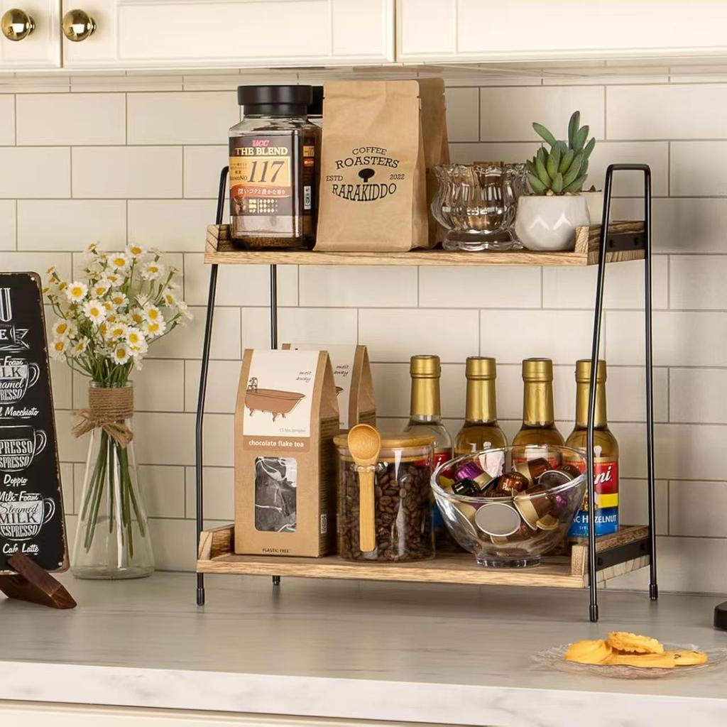 Wood and Iron Double-Layer Desktop Organizer and Spice Rack