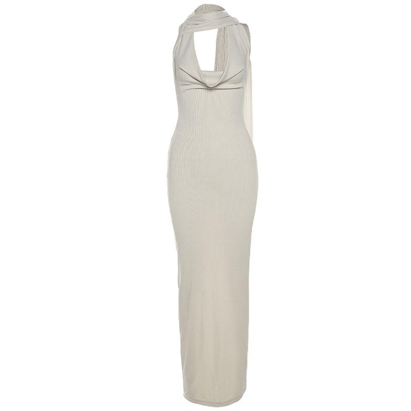 

Летнее платье в европейском и американском стиле с вырезом-хомутом, без рукавов, халтер, с кисточками на спине, без спины, с высокой талией, длинное Small абрикосовый