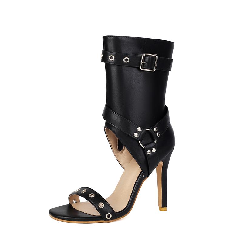 

ANNYMOLI Женские сандалии Круглый носок Тонкий высокий каблук Пряжка Молнии Заклепки Сексуальные ботинки для джазового танца Женская модная обувь Лето Черный 46 34 чёрный