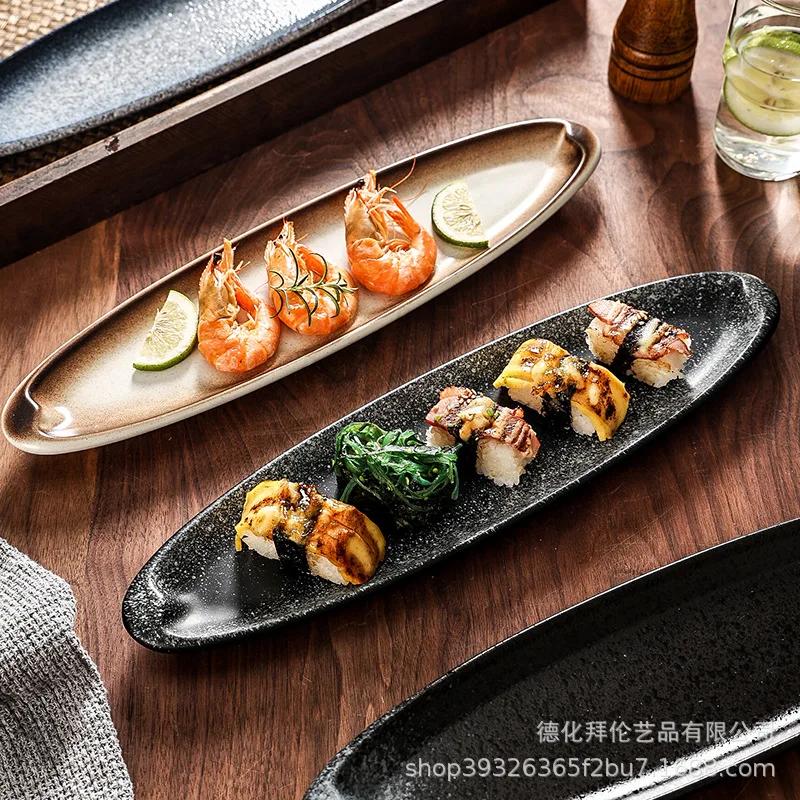 Large Striped Sushi Long Oval Plate, Japanese Style, Sushi Sashimi, Restaurant, Wine, Business, Creative