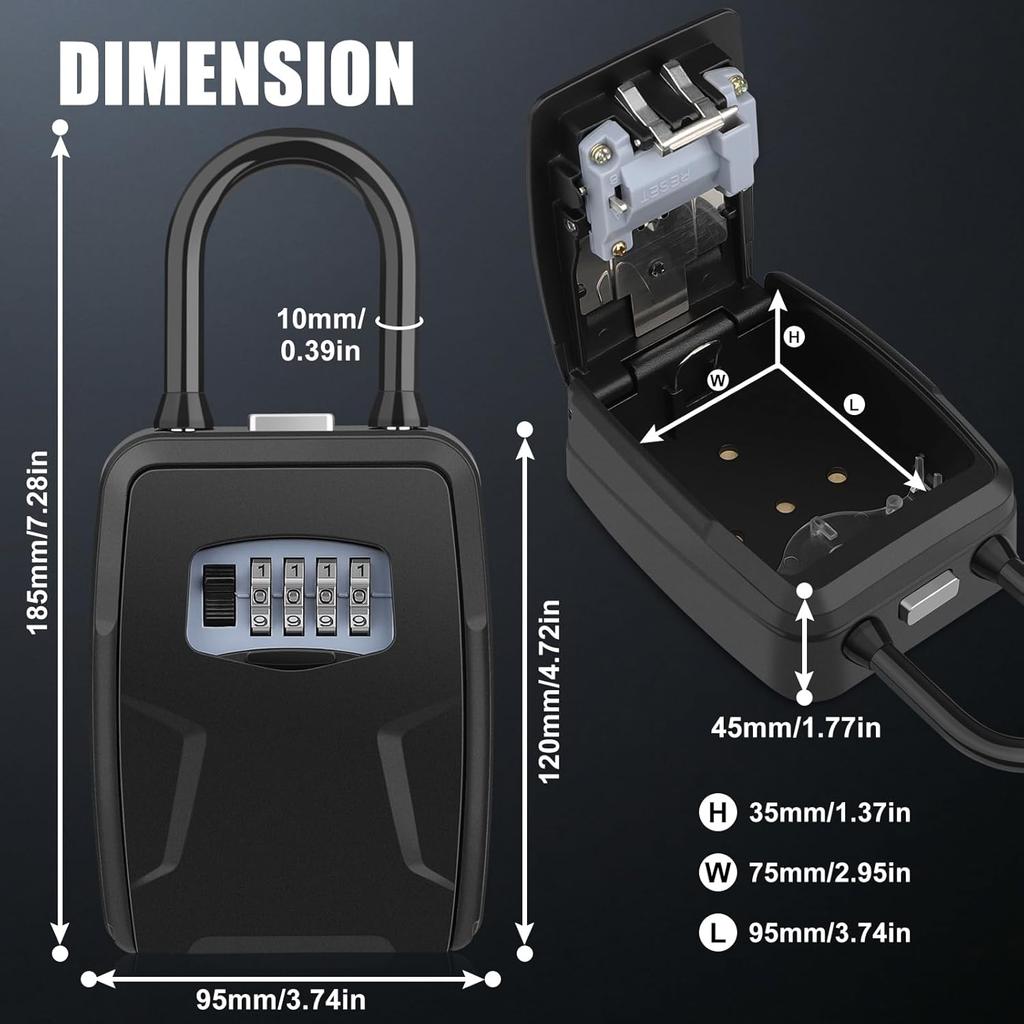 Key Lock Box Outdoor with Code, Large Key Lockbox for Keys Outside Portable Lock box for Keys, 4 Digit Combination Key Safe Storage, Waterproof