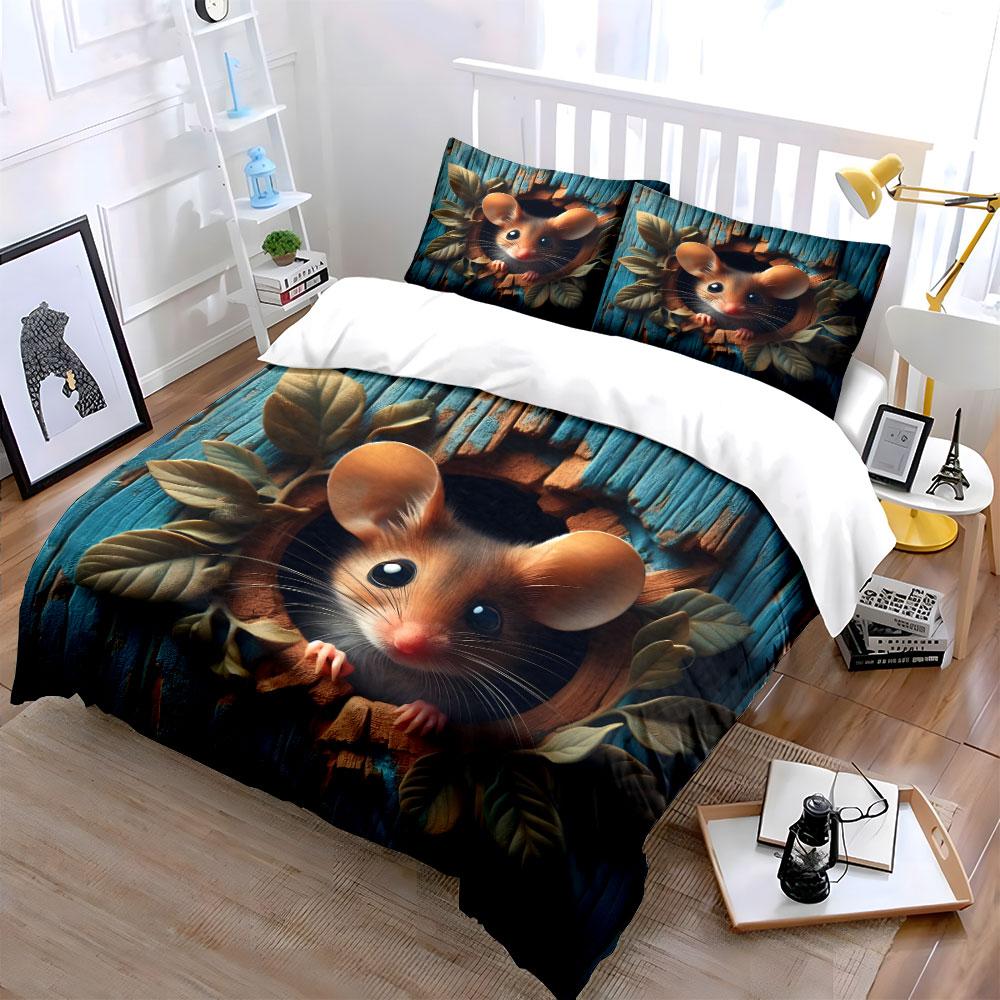Set Biancheria da Letto Carino con Topo 3 Pezzi Adorabile Topo di Campo con Stampa Buco nel Legno Set Copripiumino Fantasia Animalier Bizzarra per Camera da Letto dei Bambini