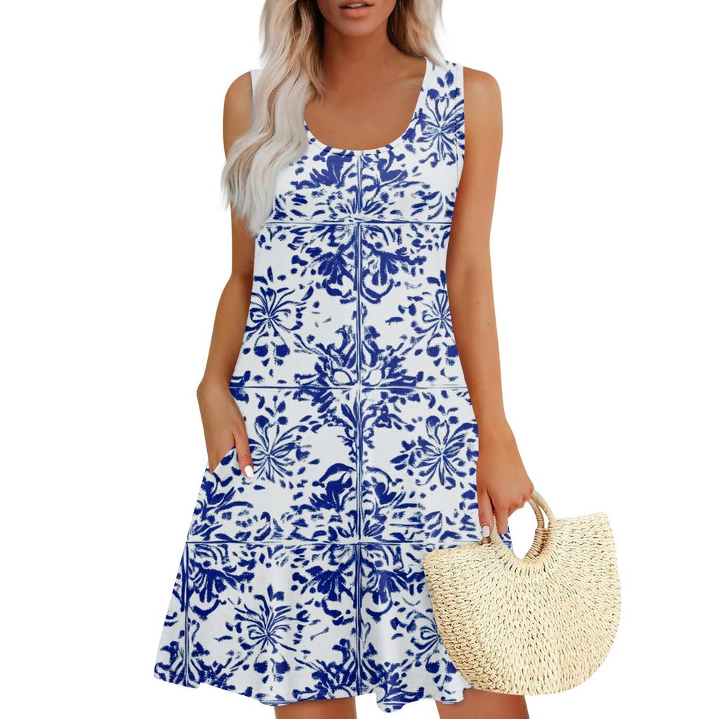 Women's Summer Floral High Waist Bohemian Dress Casual Hawaiian Flowing V Neck Holiday Dress