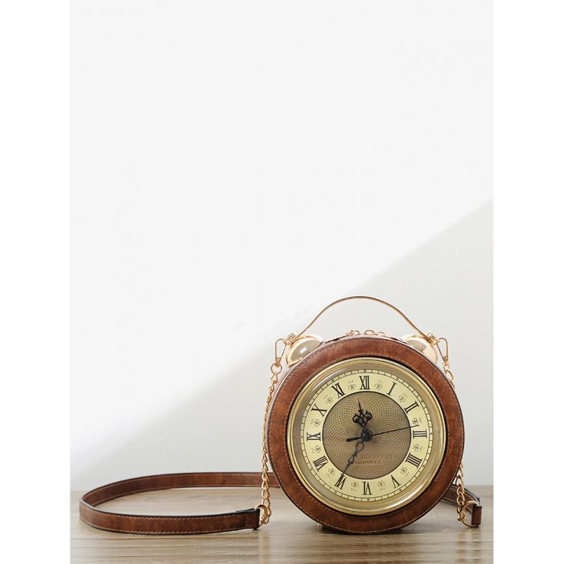 Vintage Round PU Handbag Women With Clock Motif Unique Mini Tote Bag Chain Strap Daily Use