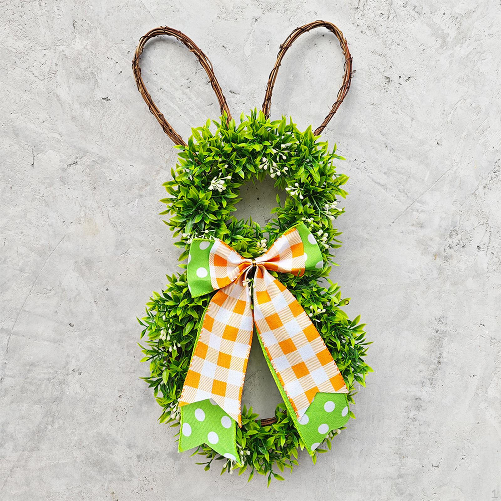

Easter Bunny Wreath, Spring Wreath Decor with Plaid Bow, Decorative Artificial Garland Front