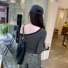 Chic Gray Striped One-Shoulder Long-Sleeve T-Shirt - Women's Autumn Korean Style Slim Fit Off-Shoulder Top
