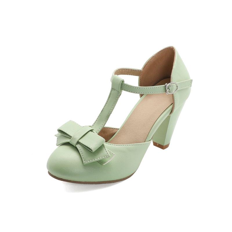 

Custom 7.5cm High Heels Sandals Women T-belt Bowknot Vintage Summer Pumps Women Shoes Round Toe Party Shoes Office Lady WSH5250 41
