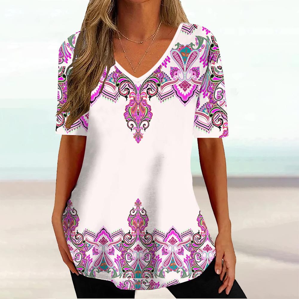 Harajuku Wind Ladies V-neck T-shirt Summer Outdoor Casual Short Sleeve Tops Retro Street Flower Print OverSize Women's Clothing