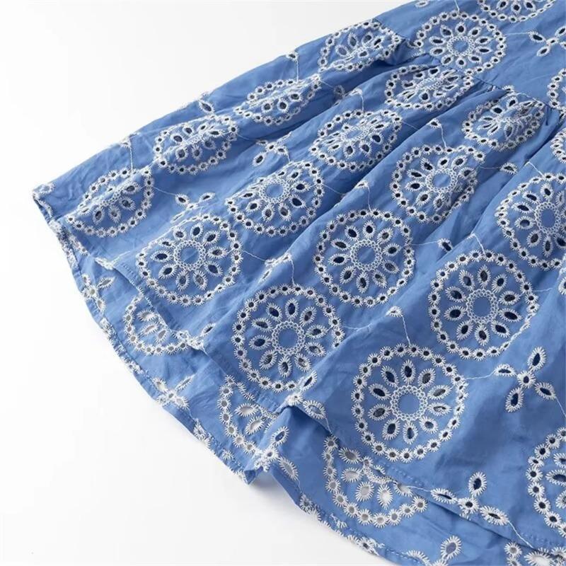 Summer New Women's European and American Style Heavy Industry Cotton Embroidery Stacked Decorative Blue Hollow Out Sexy Sweet Dress