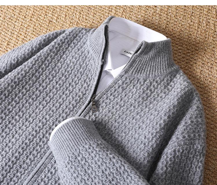 Men's 100% Pure Wool Thickened Half-High Collar Zipper Cardigan Sweater for Autumn/Winter