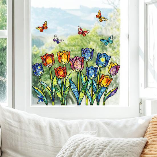 Spring Summer Tulip Window Clings Stained Glass Style Floral Butterflies Window Sticker Double-Side Glass
