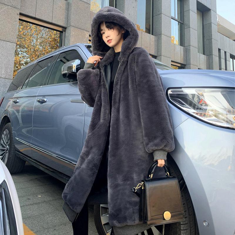 Autumn and winter imitation fur coat Rex rabbit hair thickened hooded long loose casual plush jacket large size men's and women's models