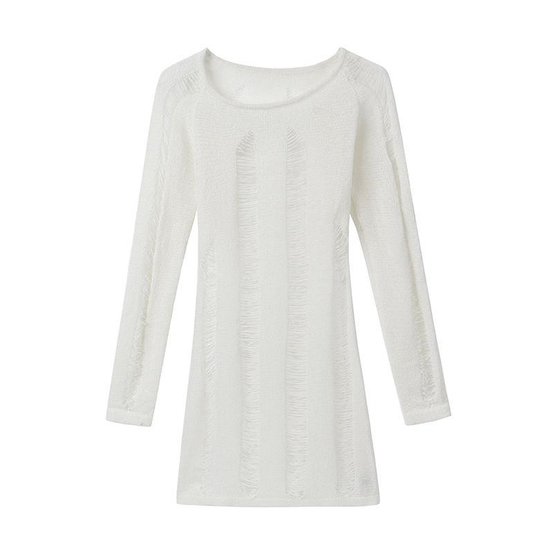 Thin Sweet and Spicy Off Shoulder Spring French Style Design with Long Sleeved Spicy Girl Knitted Sweater and Hollowed Out Top